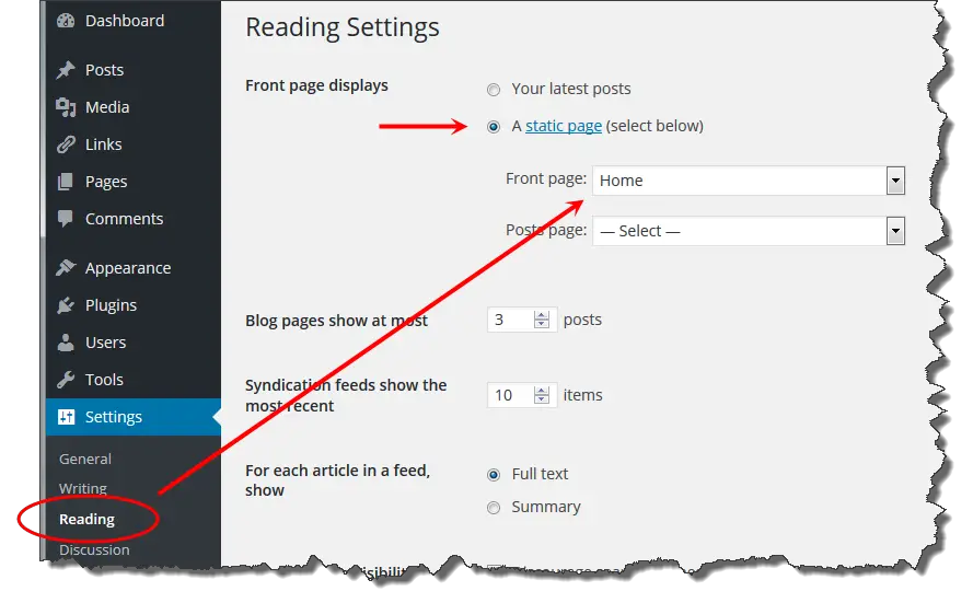 static page as home page
